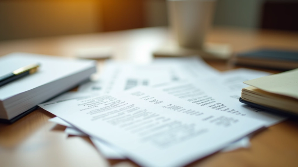 Expense receipt and bills spread on table with pen and notebook for tracking, organized layout, warm afternoon lighting, sharp focus