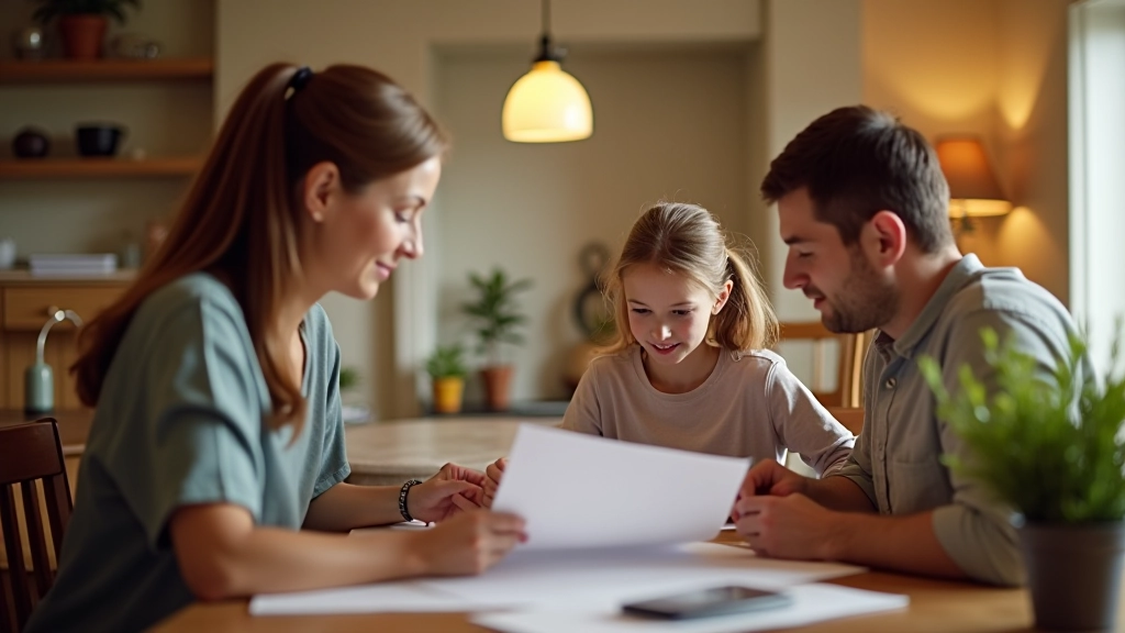 Family sitting together at table reviewing budget and financial documents, comfortable home setting, warm lighting, genuine moment, sharp focus