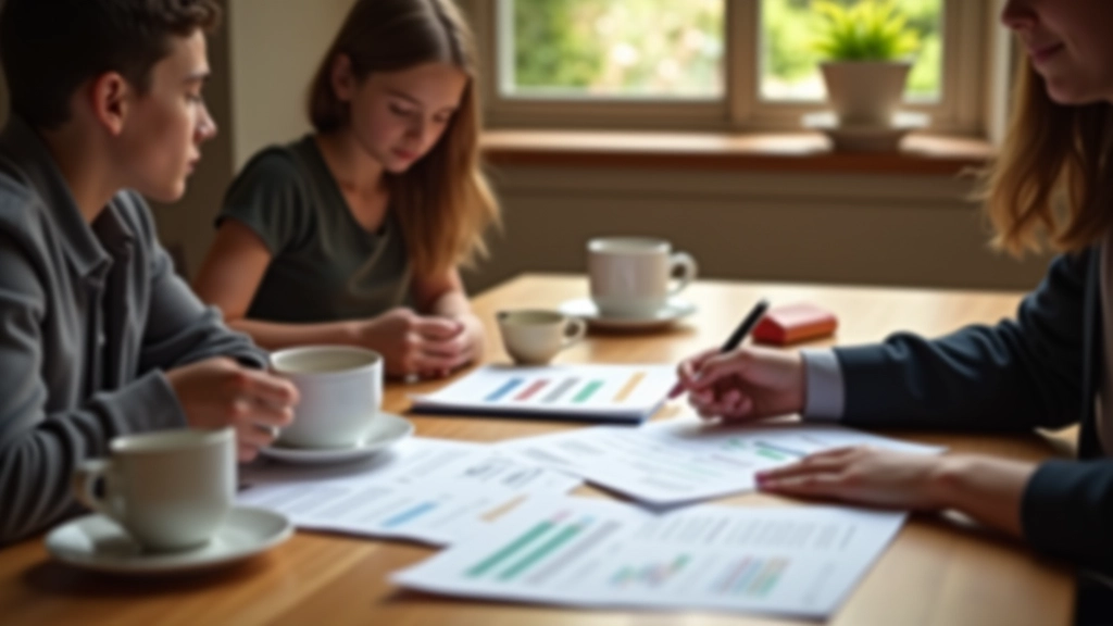 Family sitting at dining table reviewing monthly finances with coffee and documents spread out