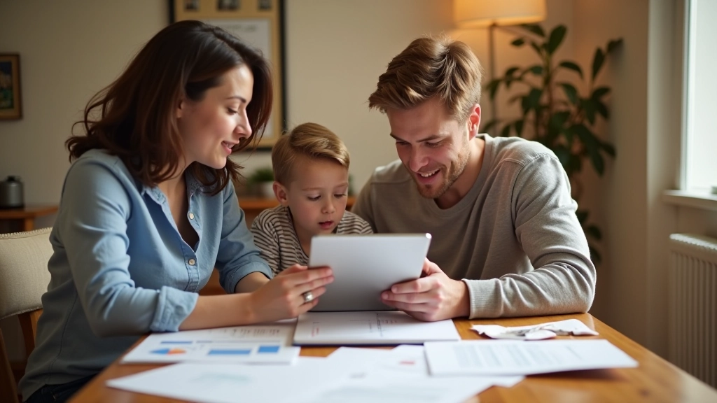 Family at dining table reviewing budget together on tablet, papers and notes scattered, focused discussion, home office setting