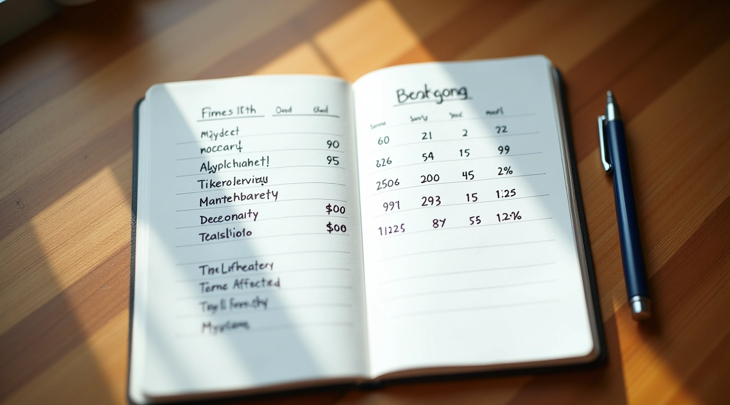 Open notebook with handwritten budget notes and pen on wooden surface
