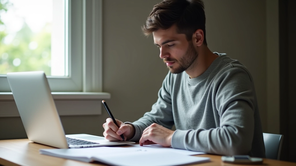 Person sitting at wooden desk with laptop and notebook, tracking income figures, natural window lighting