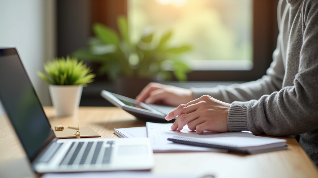 Person sitting at desk writing monthly income figures in notebook with calculator nearby, morning natural light, sharp focus