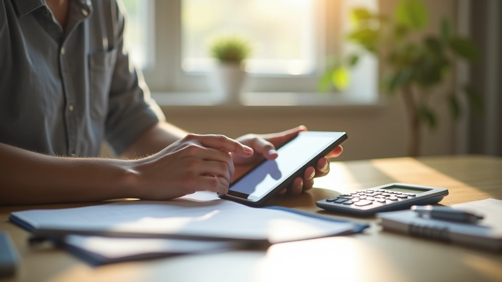 Person reviewing expense receipts and budget notes on tablet screen
