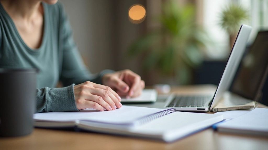 Person working on budget planning at desk with laptop and notebook