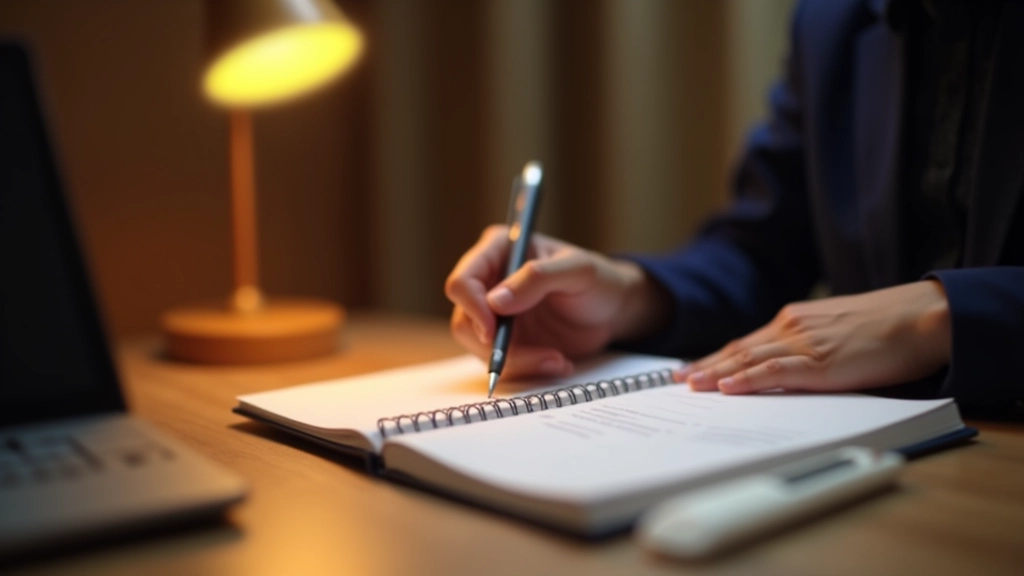 Person sitting at desk writing budget categories on paper with pen, notebook open with organized expense tracking layout