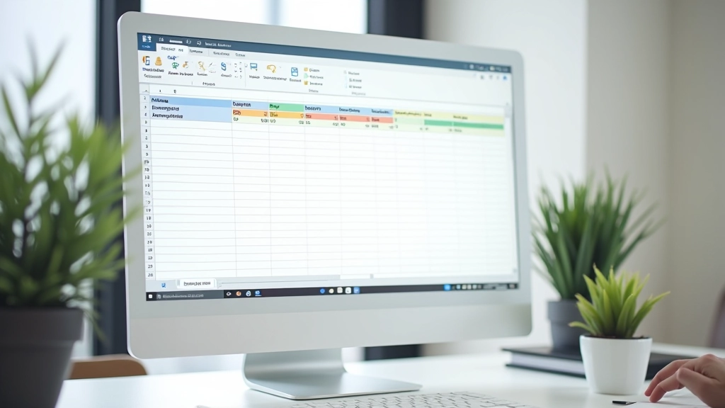 Sample budget spreadsheet template with colored categories, monthly columns, and totals row visible on computer monitor